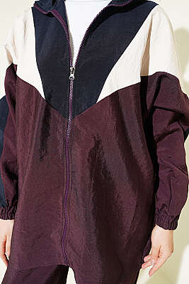 Fermuarlı V Renk Bloklu İkili Takım Burgonya - İkili Takım