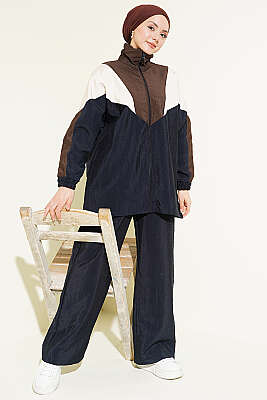 Fermuarlı V Renk Bloklu İkili Takım Lacivert - HATUN