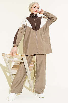 Fermuarlı V Renk Bloklu İkili Takım Vizon - HATUN