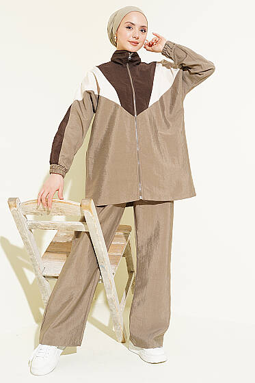 Fermuarlı V Renk Bloklu İkili Takım Vizon - İkili Takım