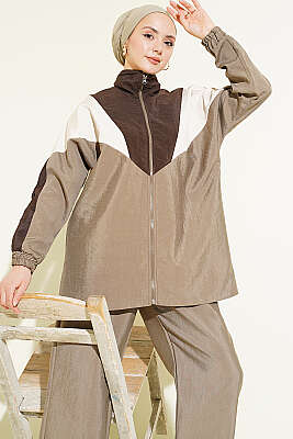 Fermuarlı V Renk Bloklu İkili Takım Vizon - İkili Takım