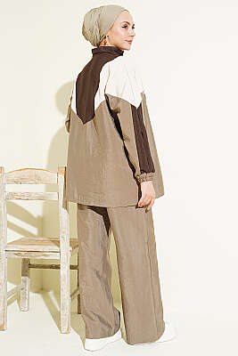 Fermuarlı V Renk Bloklu İkili Takım Vizon - İkili Takım