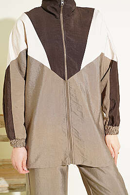 Fermuarlı V Renk Bloklu İkili Takım Vizon - İkili Takım