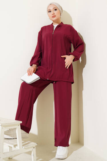 Fermuarlı Yandan Cepli İkili Takım Bordo - İkili Takım