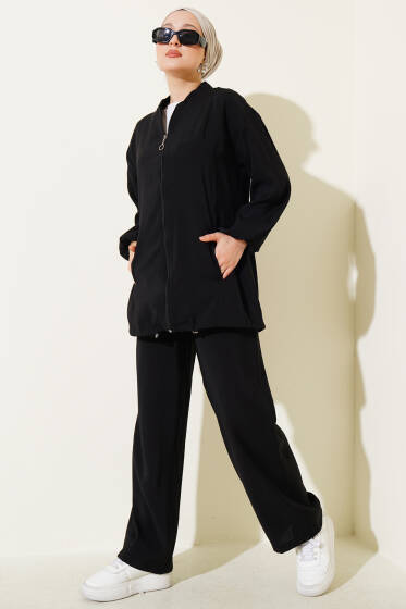 Fermuarlı Yandan Cepli İkili Takım Siyah - İkili Takım