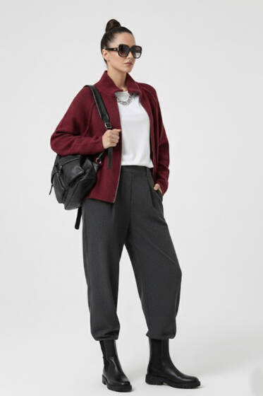 Fermuarlı Yarım Boğazlı Triko Hırka Bordo - Kadın Giyim Modelleri