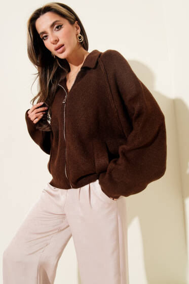 Fermuarlı Yarım Boğazlı Triko Hırka Kahve - Kadın Giyim Modelleri