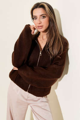 Fermuarlı Yarım Boğazlı Triko Hırka Kahve - Kadın Giyim Modelleri