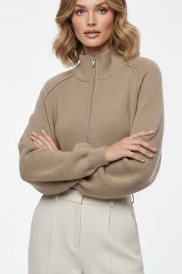 Fermuarlı Yarım Boğazlı Triko Hırka Vizon - Kadın Giyim Modelleri