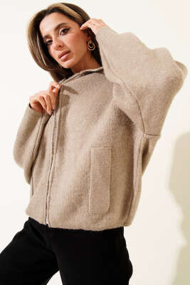 Fermuarlı Yarım Boğazlı Triko Hırka Vizon - Kadın Giyim Modelleri