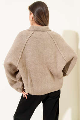 Fermuarlı Yarım Boğazlı Triko Hırka Vizon - Kadın Giyim Modelleri