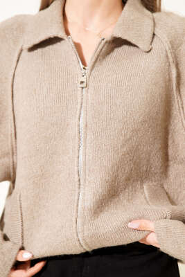 Fermuarlı Yarım Boğazlı Triko Hırka Vizon - Kadın Giyim Modelleri