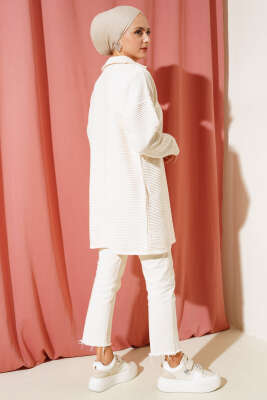 Fermuarlı Yatay Fitilli Triko Tunik Bej - Triko Tunik