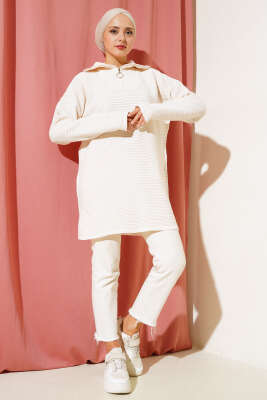 Fermuarlı Yatay Fitilli Triko Tunik Bej - Triko Tunik