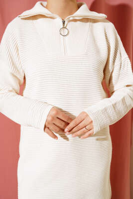 Fermuarlı Yatay Fitilli Triko Tunik Bej - Triko Tunik