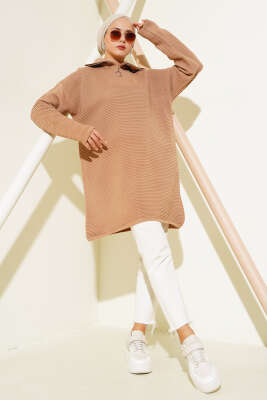 Fermuarlı Yatay Fitilli Triko Tunik Büsküvi - Triko Tunik