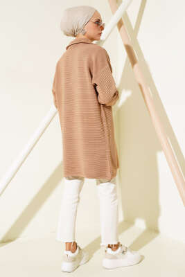Fermuarlı Yatay Fitilli Triko Tunik Büsküvi - Triko Tunik