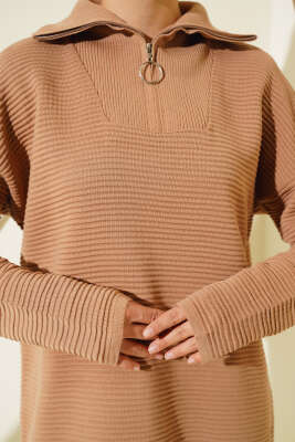 Fermuarlı Yatay Fitilli Triko Tunik Büsküvi - Triko Tunik