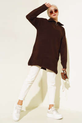 Fermuarlı Yatay Fitilli Triko Tunik Kahve - Triko Tunik