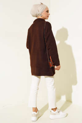 Fermuarlı Yatay Fitilli Triko Tunik Kahve - Triko Tunik