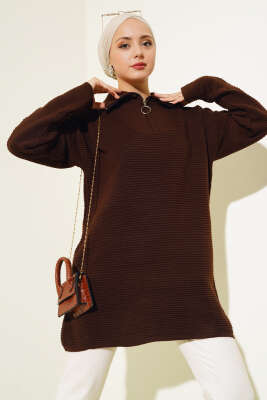 Fermuarlı Yatay Fitilli Triko Tunik Kahve - Triko Tunik
