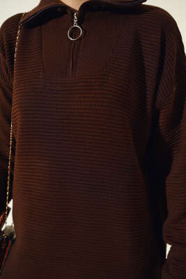 Fermuarlı Yatay Fitilli Triko Tunik Kahve - Triko Tunik