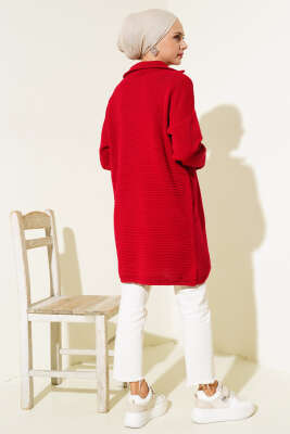 Fermuarlı Yatay Fitilli Triko Tunik Kırmızı - Triko Tunik