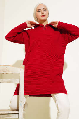 Fermuarlı Yatay Fitilli Triko Tunik Kırmızı - Triko Tunik