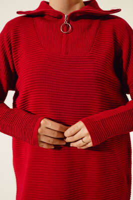 Fermuarlı Yatay Fitilli Triko Tunik Kırmızı - Triko Tunik