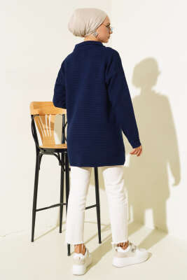 Fermuarlı Yatay Fitilli Triko Tunik Lacivert - Triko Tunik