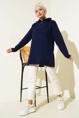 Fermuarlı Yatay Fitilli Triko Tunik Lacivert - Triko Tunik