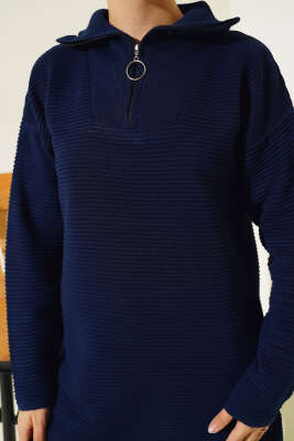 Fermuarlı Yatay Fitilli Triko Tunik Lacivert - Triko Tunik