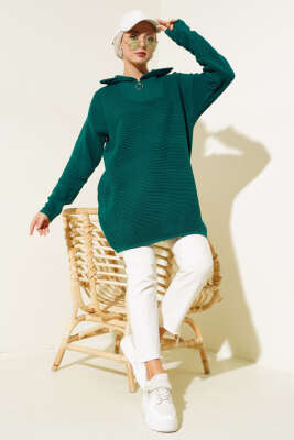 Fermuarlı Yatay Fitilli Triko Tunik Nefti - Triko Tunik