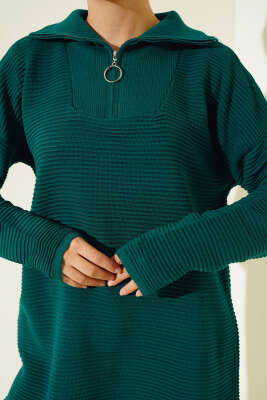 Fermuarlı Yatay Fitilli Triko Tunik Nefti - Triko Tunik