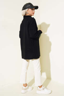 Fermuarlı Yatay Fitilli Triko Tunik Siyah - Triko Tunik