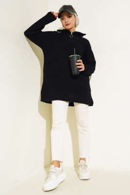 Fermuarlı Yatay Fitilli Triko Tunik Siyah - Triko Tunik