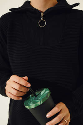 Fermuarlı Yatay Fitilli Triko Tunik Siyah - Triko Tunik