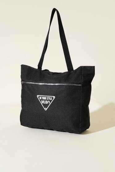 Fermuarlı Yazı Baskılı Çanta Siyah - Kol Çantası