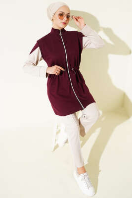 Fermuarlı Yelekli Loyşa Üçlü Takım Bordo - HBS