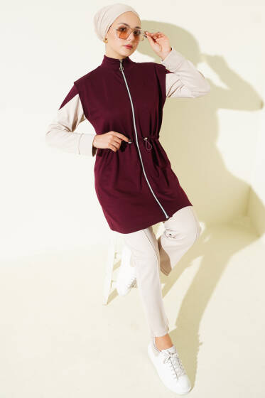 Fermuarlı Yelekli Loyşa Üçlü Takım Bordo - İkili Takım