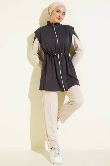 Fermuarlı Yelekli Loyşa Üçlü Takım Füme - İkili Takım