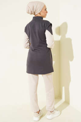 Fermuarlı Yelekli Loyşa Üçlü Takım Füme - İkili Takım