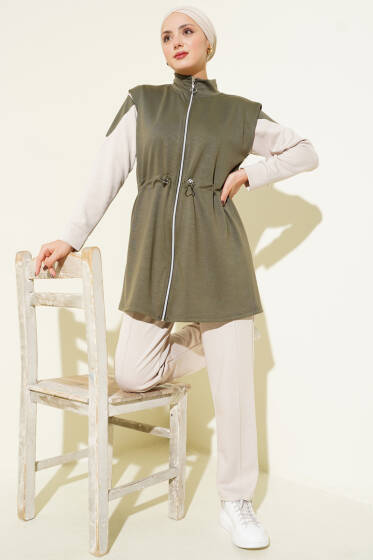 Fermuarlı Yelekli Loyşa Üçlü Takım Haki - İkili Takım