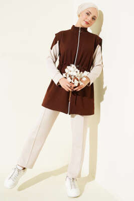 Fermuarlı Yelekli Loyşa Üçlü Takım Kahve - HBS