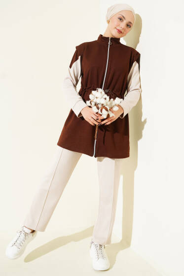 Fermuarlı Yelekli Loyşa Üçlü Takım Kahve - İkili Takım