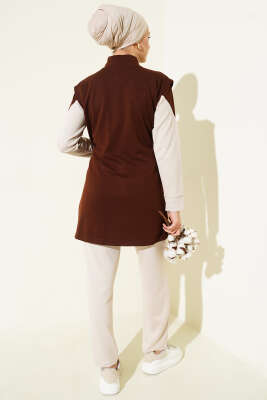 Fermuarlı Yelekli Loyşa Üçlü Takım Kahve - İkili Takım