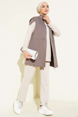 Fermuarlı Yelekli Loyşa Üçlü Takım Vizon - HBS