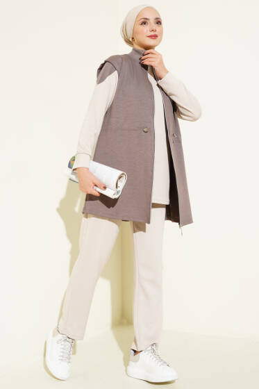 Fermuarlı Yelekli Loyşa Üçlü Takım Vizon - İkili Takım