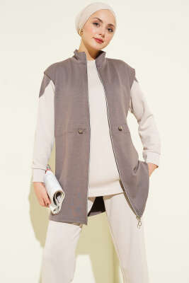 Fermuarlı Yelekli Loyşa Üçlü Takım Vizon - İkili Takım