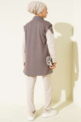 Fermuarlı Yelekli Loyşa Üçlü Takım Vizon - İkili Takım